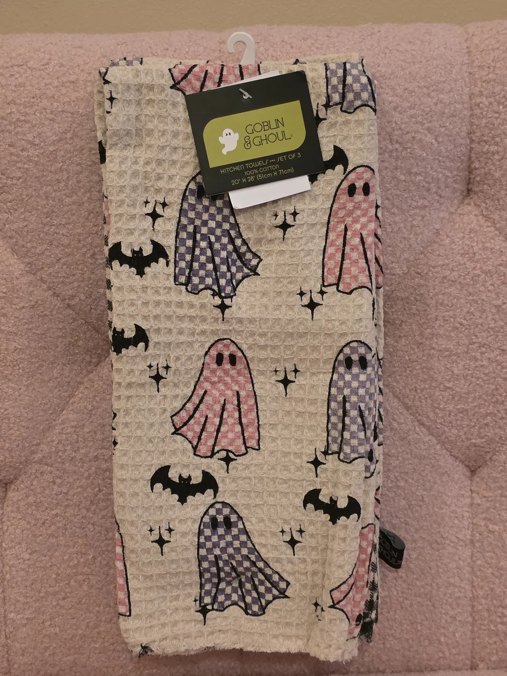 Goblin & Ghoul branded waffle weave Ghost And Bats kitchen towels